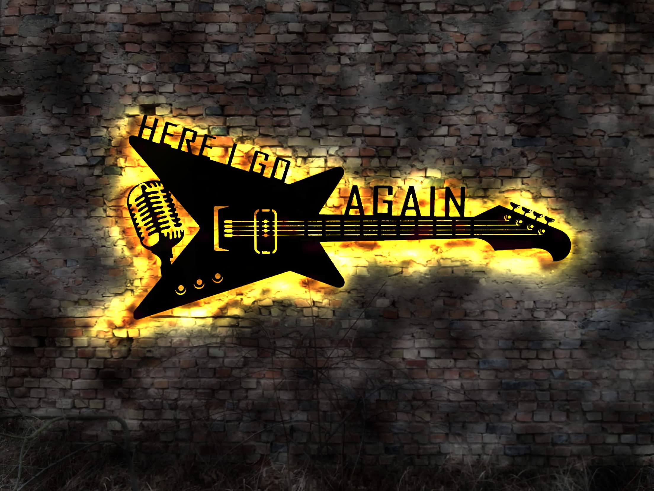 Cartel luminoso LED con texto en inglés "Here I go Again", cartel de madera
