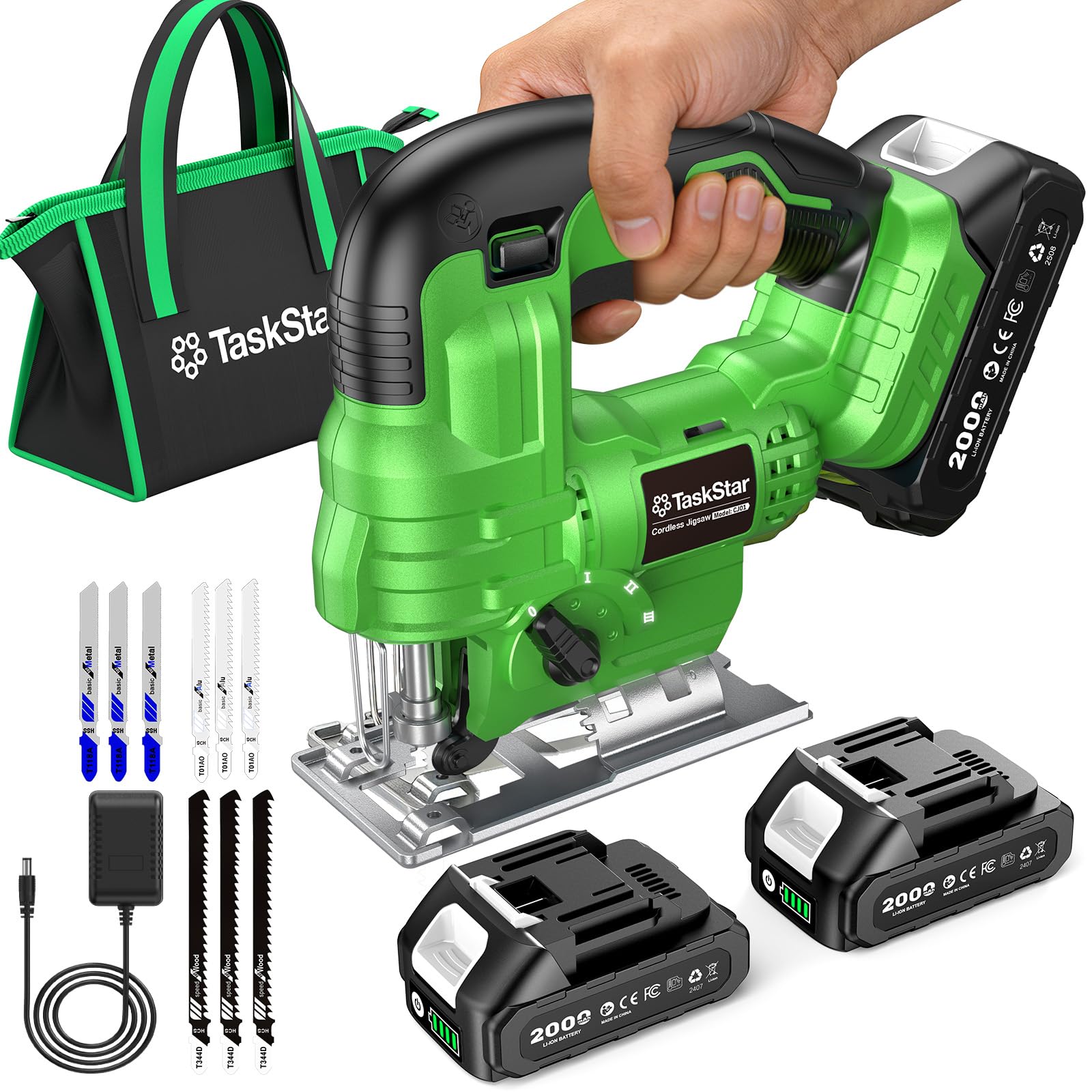 TaskStar Cordless Jig Saw Tool - with Dual 2.0Ah Batteries, 9 Blades, 0–45° Bevel Cutting, 4 Orbital Settings, LED Light, Lightweight Electric Jigsaw for Wood, Metal & Plastic, Straight & Curved Cuts