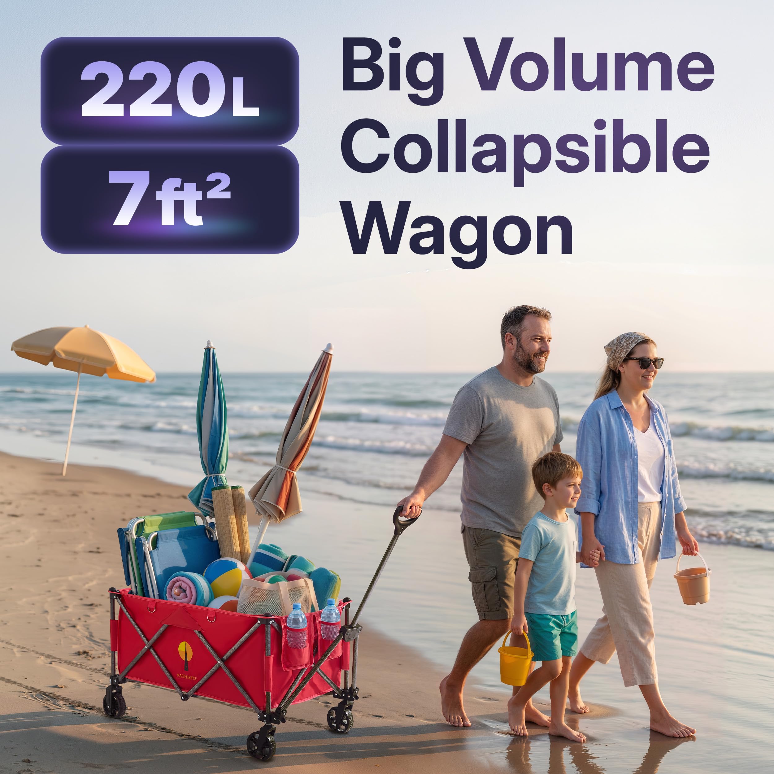 39" L Collapsible Wagon with All-Terrain Wheels, 460 lbs Foldable Cart with Detachable Flashlight, Pockets & Flexible Steering Handle, Red Utility Heavy Duty Folding Beach Wagons Carts — Amazon image 2