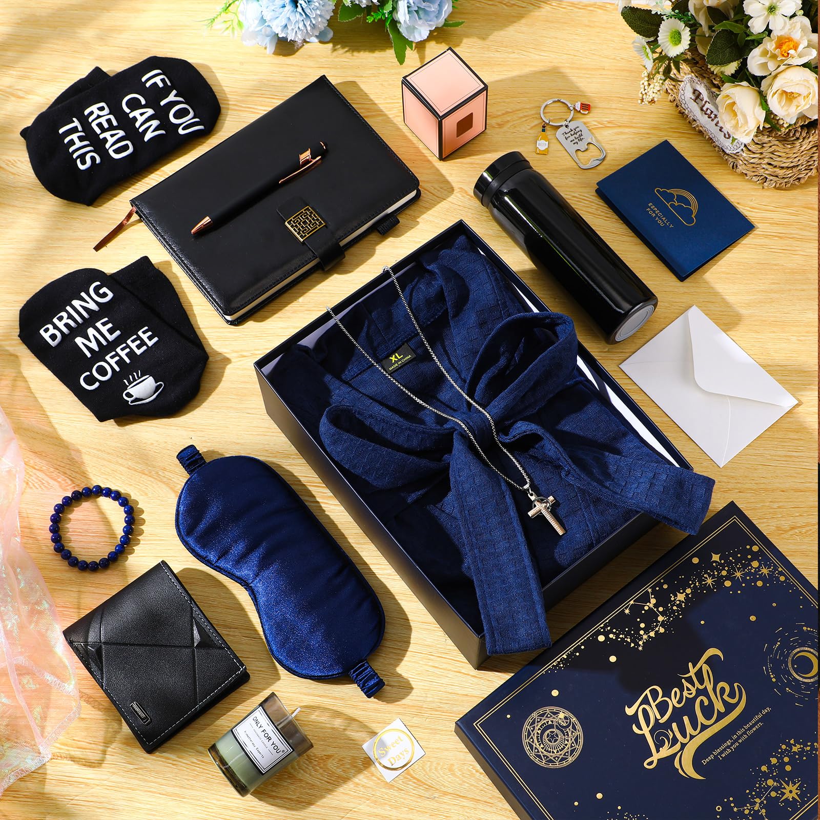 Set di 13 cesti regalo di compleanno da uomo, con scatola regalo per San Valentino, bicchiere, portafoglio, accappatoio, candela profumata, quaderno, calzino, bracciale, penna per papà
