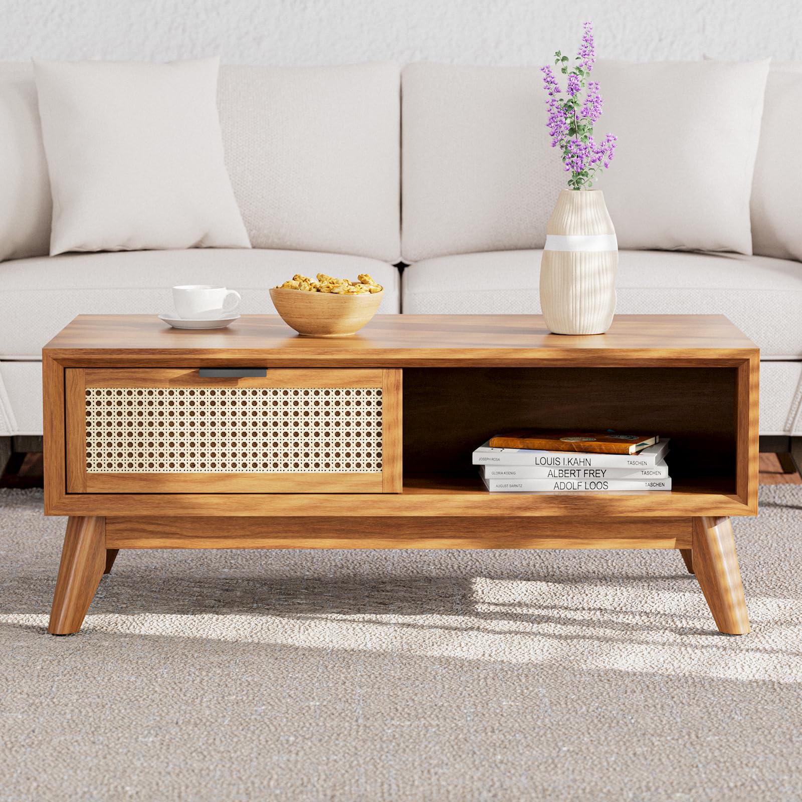 Bme Modern Solid Wood Coffee Table with Storage, Accent Rattan Design, Perfect for Living Room, Dark Chocolate, Medium