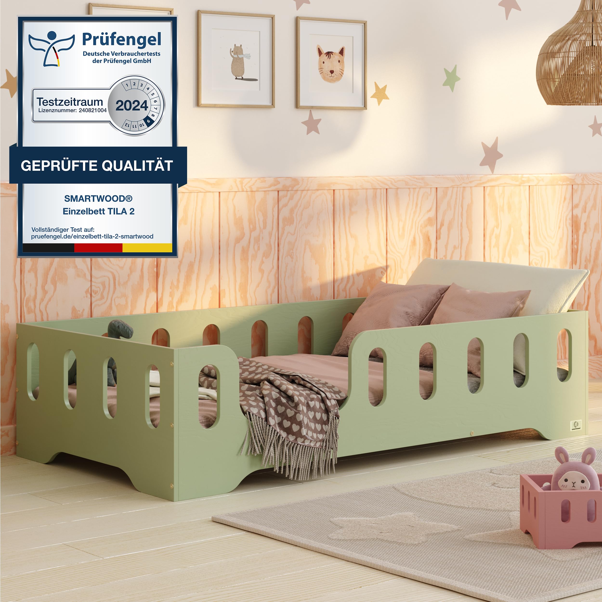 smartwood Bodenbett 140x200 Grün - Montessori Kinderbett aus Holz mit FSC-Zertifikat TILA 2L mit Rausfallschutz & Lattenrost bis 300kg belastbar - Einfache Montage