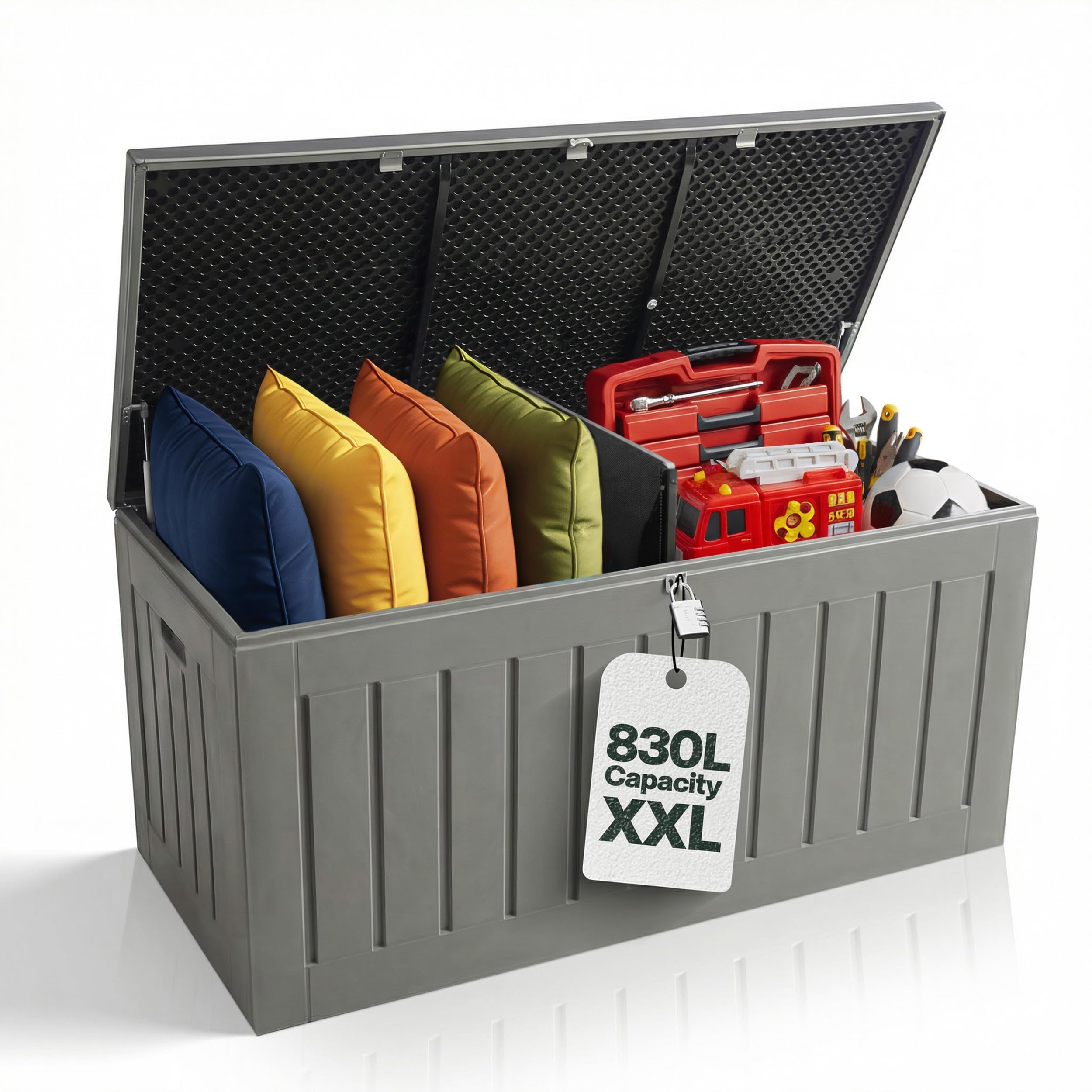 830L XXL Garden Storage Box & Seat for 2 - Outdoor Large Plastic Weather Resistant Tool Storage Chest with Lid - Lockable - Includes Padlock | Waterproof Deck Box for Cushions & Toys