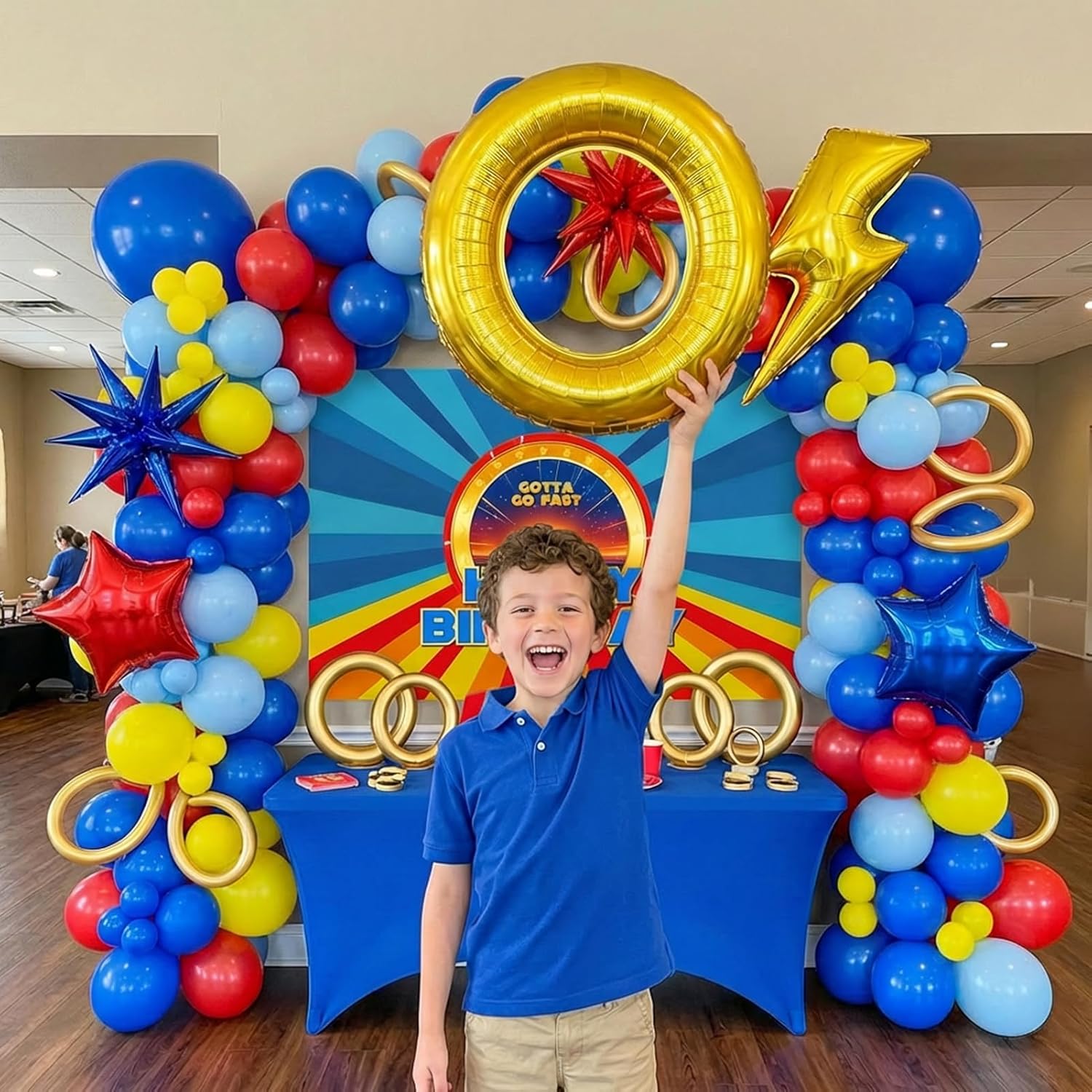 Red Blue Birthday Decorations Balloon Arch Garland Kit with Backdrop & Royal Blue Light Blue Red Gold Balloons, Lightning Ring Star Foil Balloons for Boys Gaming Speed Theme Party