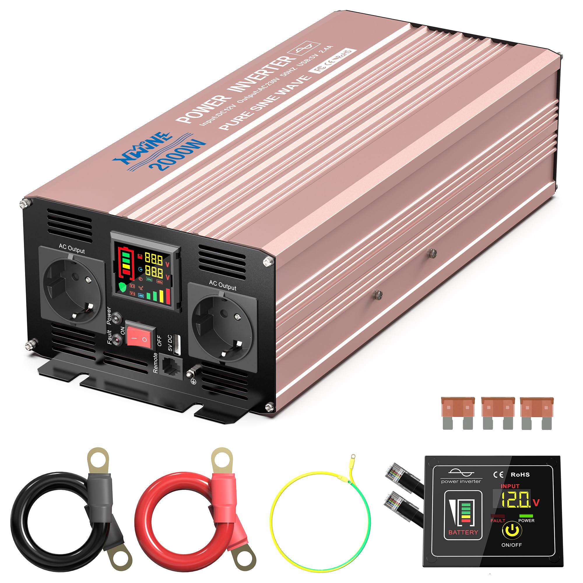 XWJNE 2000W Inversor de Corriente Onda Sinusoidal Pura 12V 220V/230V, Transformador con 2 Enchufes UE, 1 Puerto USB-A, Pantalla LCD y Control Remoto, Convertidor para Coche, Caravana y Camión