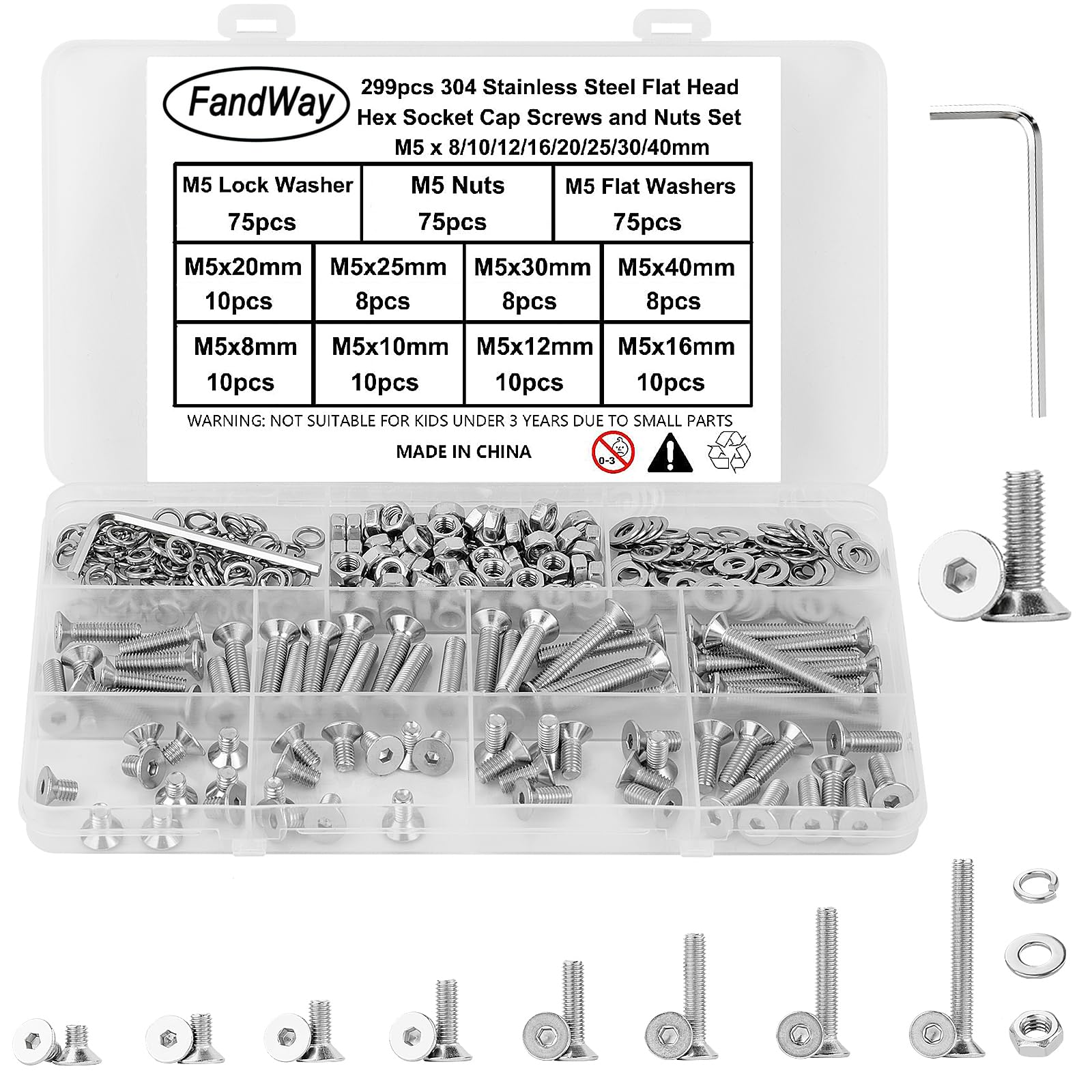 FandWay 299Pcs M5 Bolts and Nuts Set,Countersunk Head Machine Screws,Allen Screws 304 Stainless Steel,Flat Head Hex Socket Screw Bolt Nut Flat & Lock Washers Assortment Kit,Fully Threaded With Key.