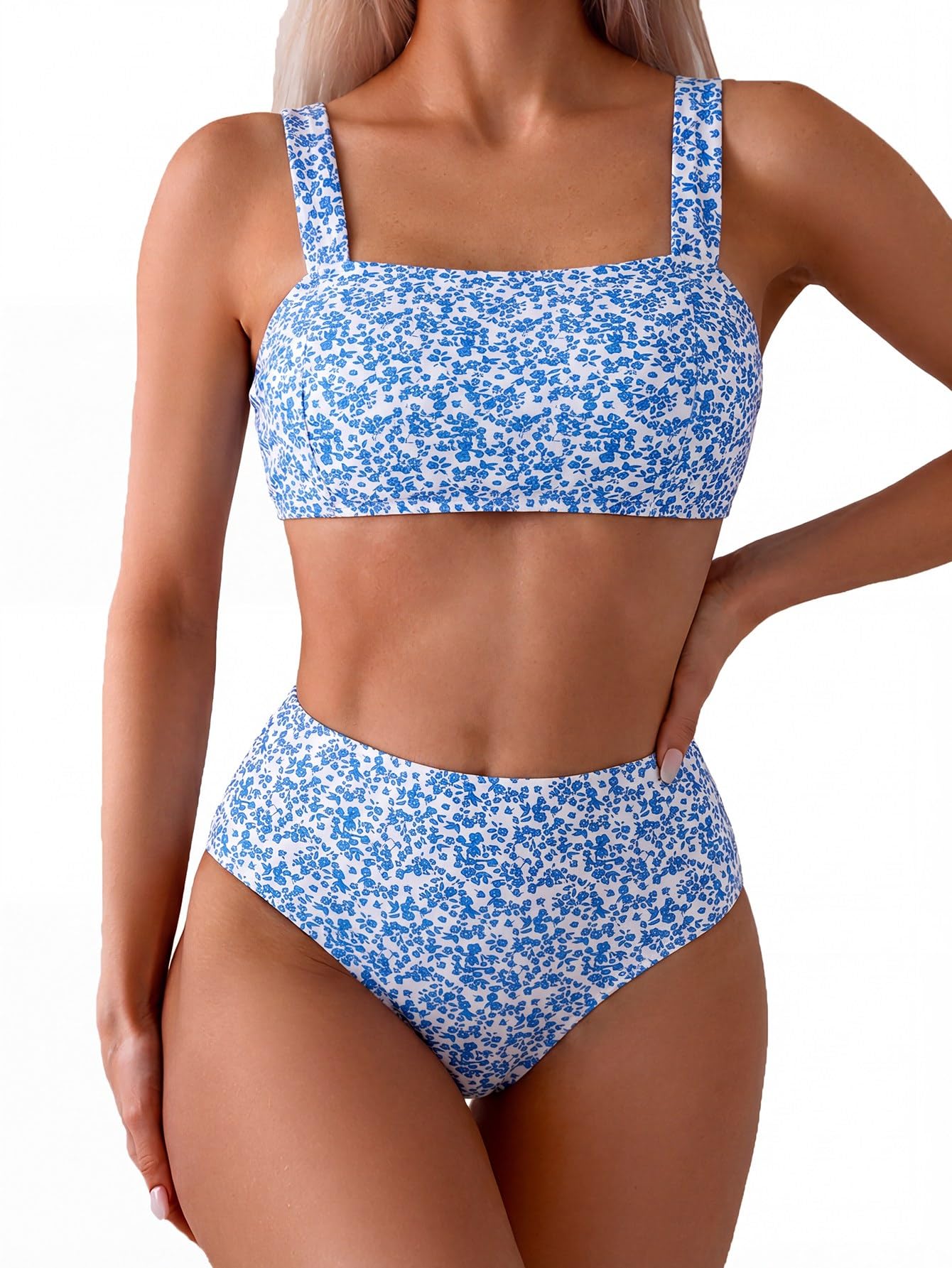 fanuerg Women's High Waisted Bikini Sets Wide Straps Two Piece Swimsuit Floral Print Bathing Suits-picture-24