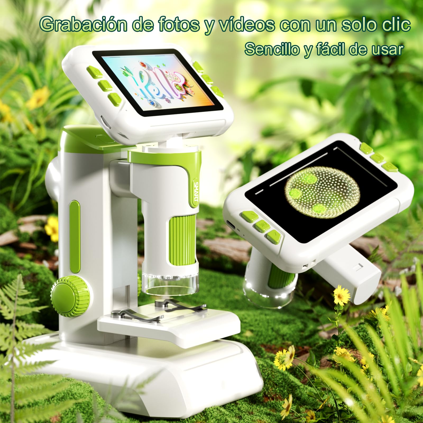 PYRDOUM Microscopio para Niños Aumento 1600X, 4" LCD Microscopio Portátil Niños, Microscopios Digital Infantil con Tarjeta de Memoria de 32G, Fotos y Videos, Función Portátil y Fija