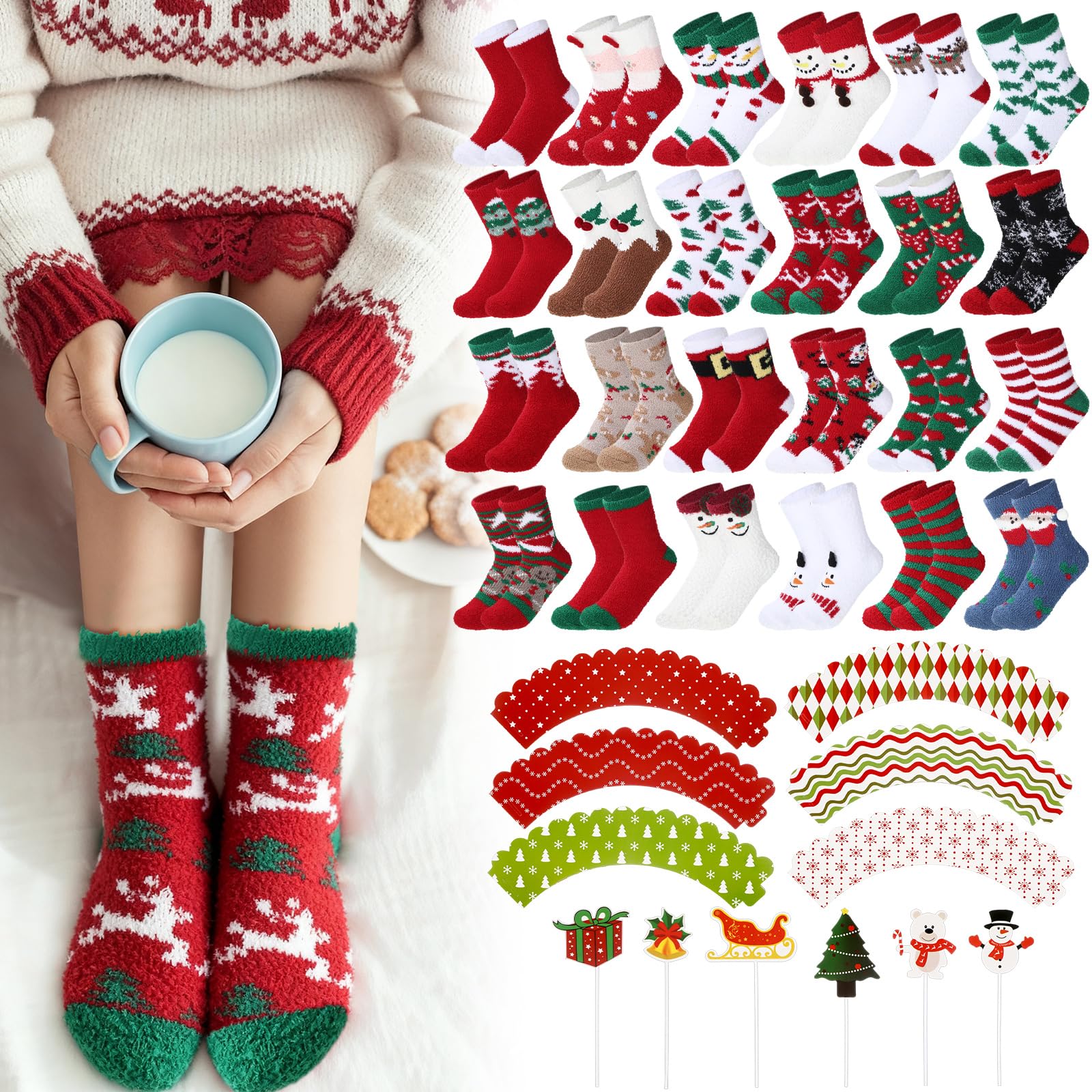 Coume 24 Paar Weihnachts-Cupcake-Socken für Frauen, flauschige Wintersocken mit Geschenk-Box, für Weihnachtsstrumpffüller