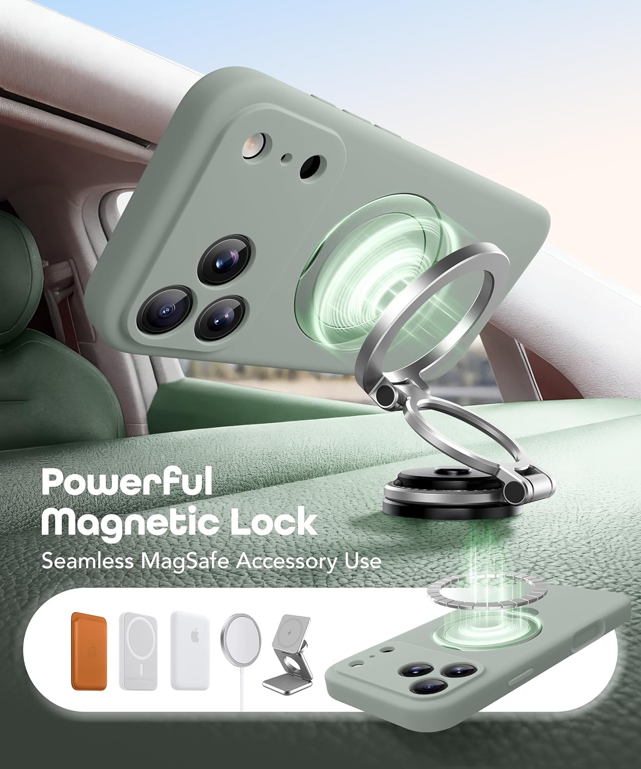 GolbinBox for iPhone 17 Pro Case with 360° Spin Magnetic Stand, [Compatible with MagSafe][Full Camera Protection],Full Body Shockproof Liquid Silicone Case with Ring Stand for 17 Pro 6.3'', Grey Green - Image 3