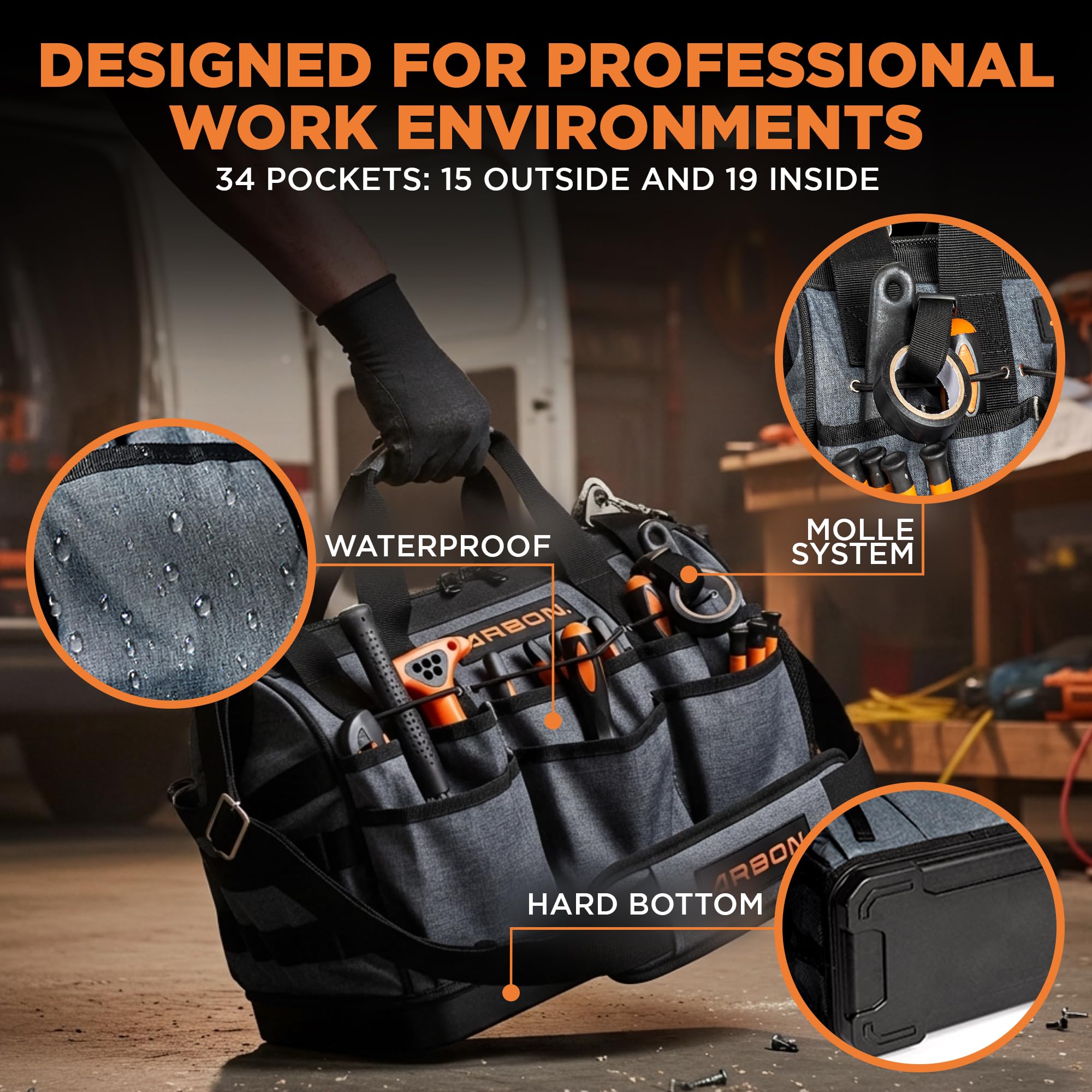 ARBON Bolsa de herramientas resistente con base moldeada: bolsa de herramientas superior de boca abierta bolsas de mano organizador para hombres y mujeres artesano eléctrico Hvac Carpenter y Mechanic