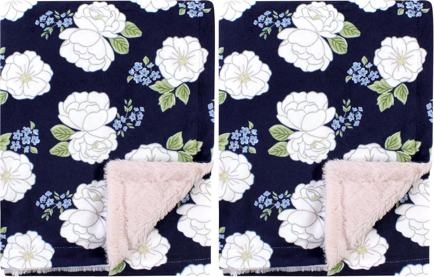Hudson Baby Unisex Baby Plush Blanket with Furry Binding and Back, White Peonies, One Size (Pack of 2)