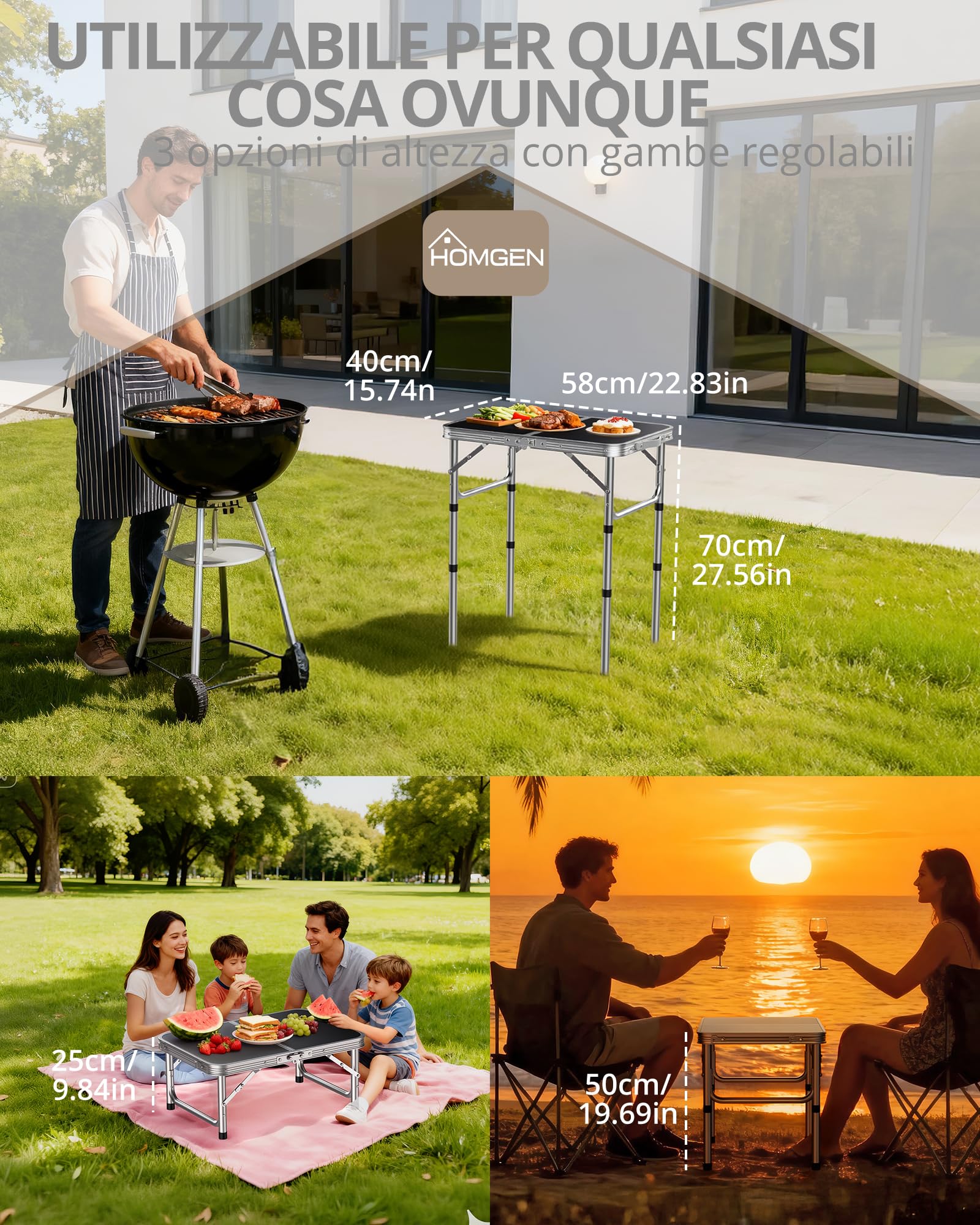 HOMGEN Tavolo da Campeggio Pieghevole 58x40cm Tavolino da Giardino in Alluminio con 3 Altezze Regolabili (25/47/70 cm) Tavolo da Picnic Regolabile Piano in MDF per Giardino/Picnic/Spiaggi/BBQ -Argento