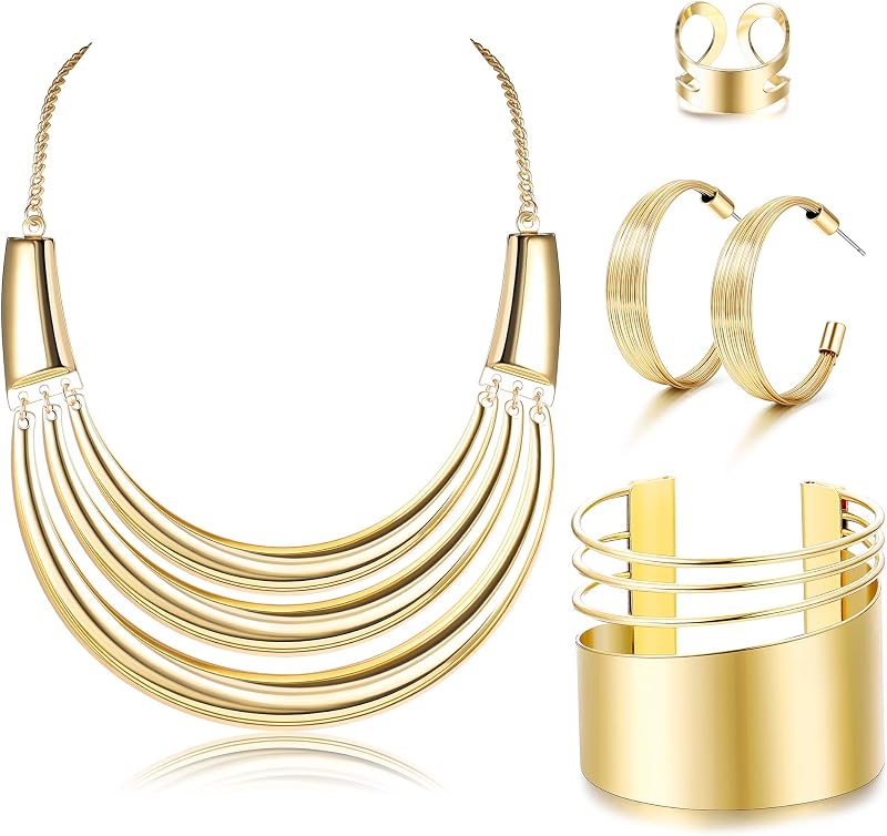 JOERICA Collar de gargantilla con babero, conjunto de joyas de oro plateado, brazalete ancho, pulsera, aretes de aro abiertos, anillo ajustable, conjunto de joyería de disfraz de plata gruesa y oro para mujer