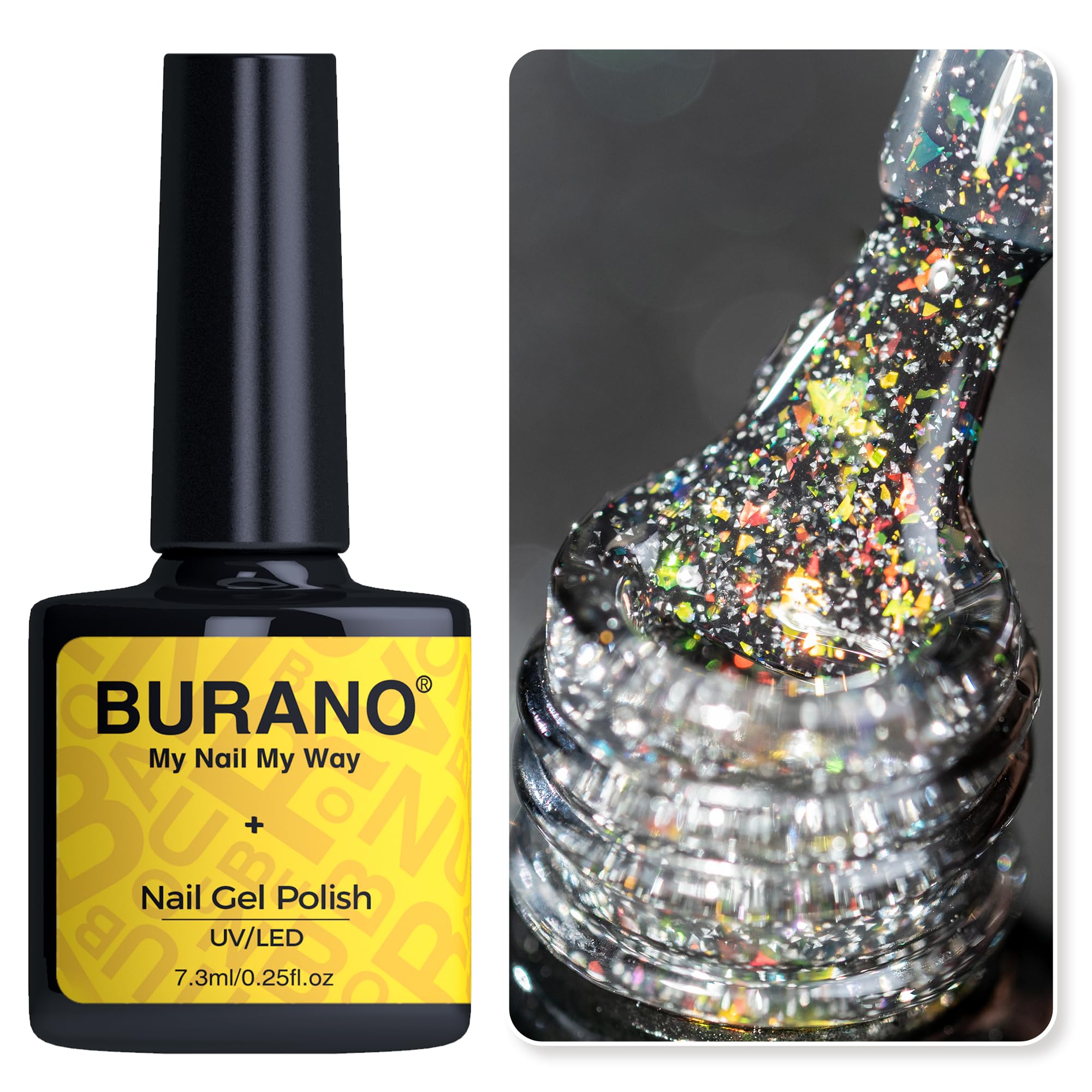 BURANO Holographic Gel Polish, Reflective Glitter Gel Polish 7.3ml UV LED Pink Glitter Nail Polish for Home DIY, Diamond Nail Polish Curing Required (