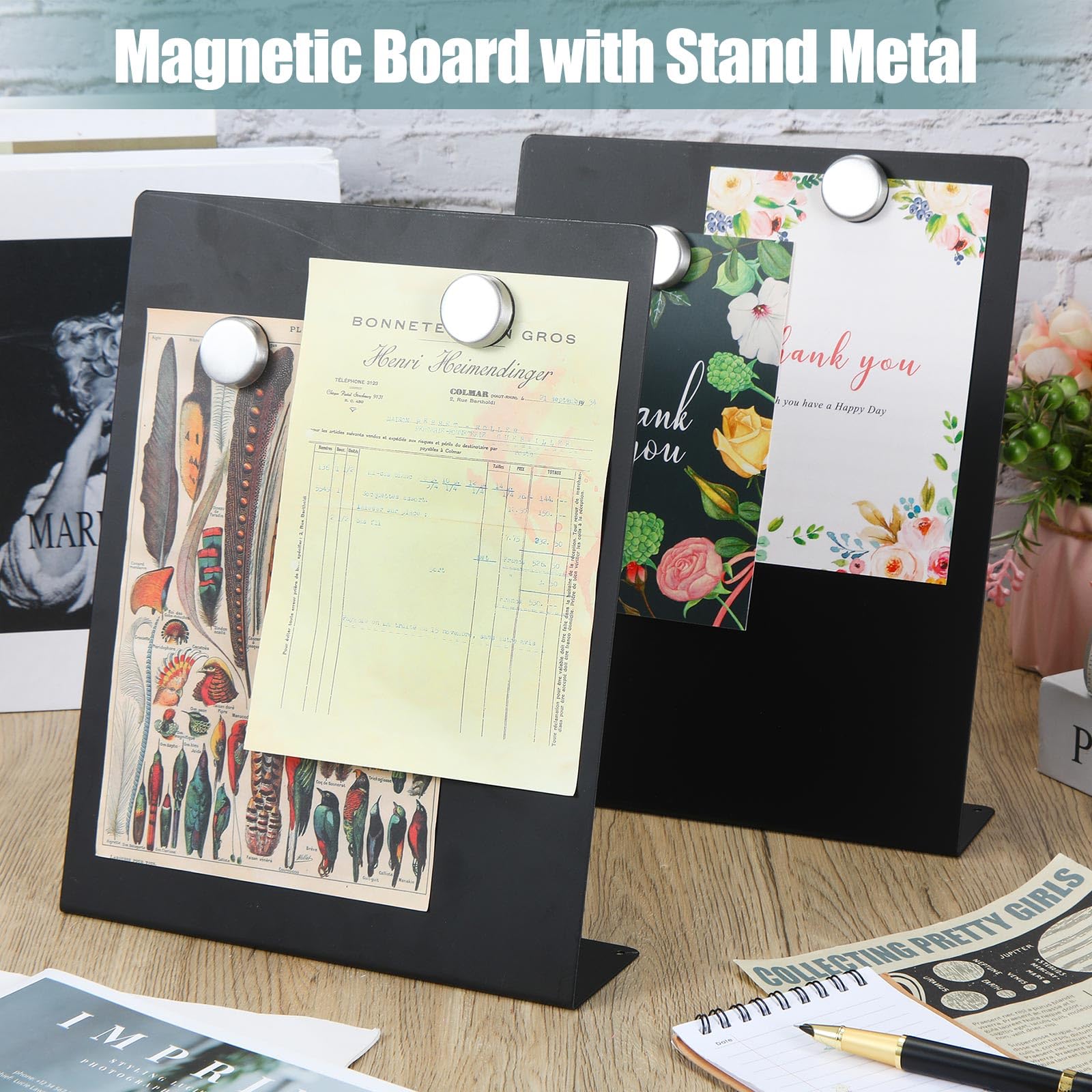 Fainne 4 tableros magnéticos para anuncios con soporte de caballete, mini imán negro, tablero de notas de metal para mesa de menú, hogar, escuela, cocina, suministros de oficina (11 x 8.5 pulgadas)