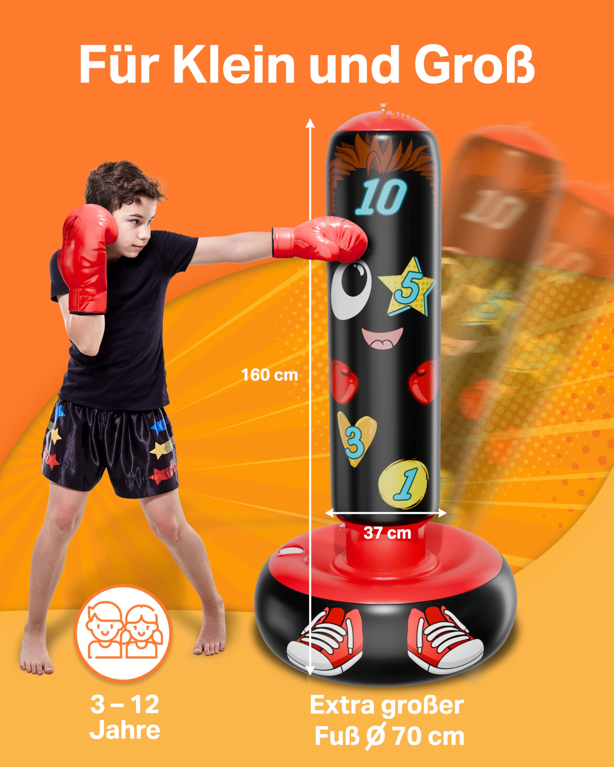 AVENTERA® Boxsack Kinder Stehend 3-12 Jahre (160cm Mit Lerneffekt) - 4-In-1 Set - Kinderboxsack Für Training, Bewegung & Motorik - Geprüfte Qualität
