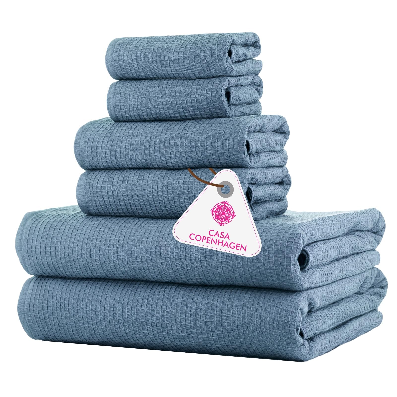 Casa Copenhagen Antique Blue Waffle Terry 6-Piece Set, Cotton, Extra Large, Luxurious, 2 Bath Towels Xl, 70X140 Cm, 2 Large Hand Towels, 50X80 Cm, 2 Large Washcloths, 40X40 Cm