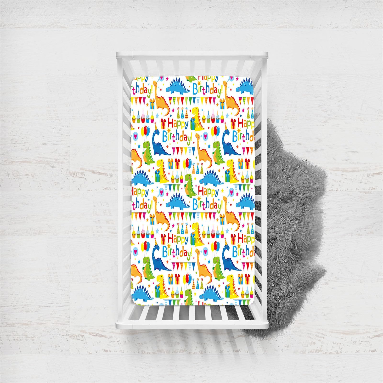 Odot Cot Bed Fitted Sheets, Dinosaur Pattern Moses Basket Fitted Sheet Microfibre Crib Fitted Sheets Soft Baby Bed Sheets Bassinet Sheets Cot Bed Mattress Protector (Happy Birthday,45x90cm)