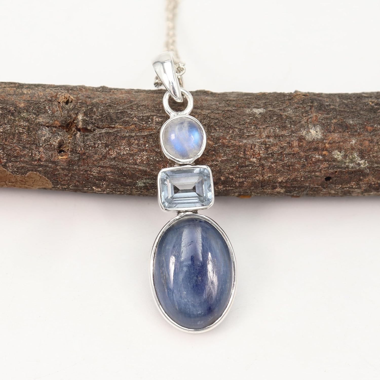 Kyanite, Moonstone and Blue Topaz Pendant Necklace – Handmade 925 Silver Necklace 18" for Women – Blue & White Gemstone Jewelry Gift - Image 5
