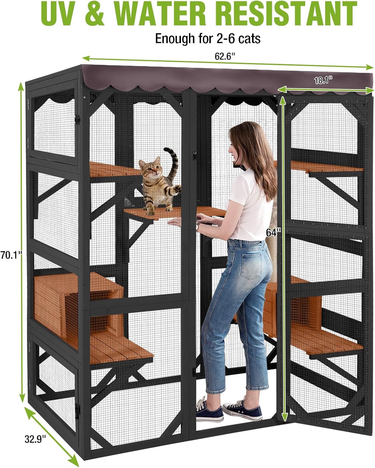 Large Outdoor Catio Cat Enclosure, Wooden Cat House with UV & Water Resistant Roof, Scratching Post & Hammock, Outside Cat Playpen for Multiple Cats, Brown