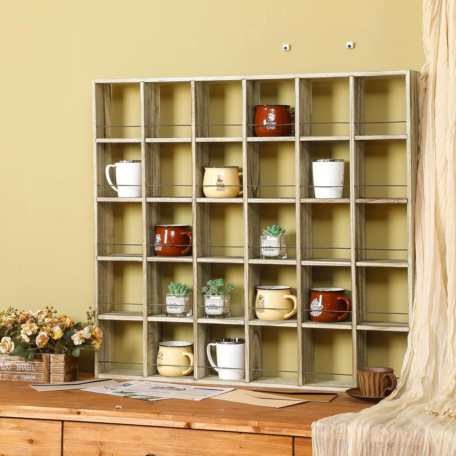 Kigley Oversize Coffee Mug Display Rack Wooden Shelves Rustic Shot Glass Display Case Travel Mug Shelf Wall Mounted Rack Holder Shadow Box, 5 x 6(Brown)