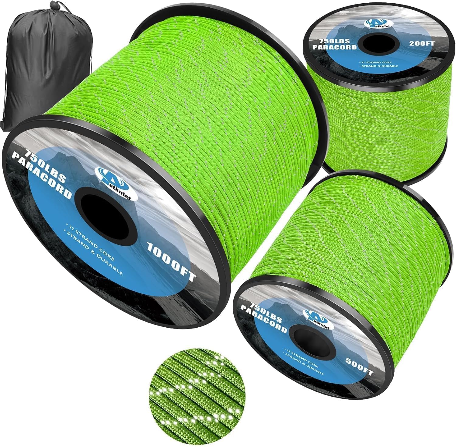 750Ib Reflective Paracord Rope,100' 200' 500' 1000', 4mm 11 Strand Parachute Spool Cord with Collecting Bag, para Cord Lanyard for Hammock, Camping