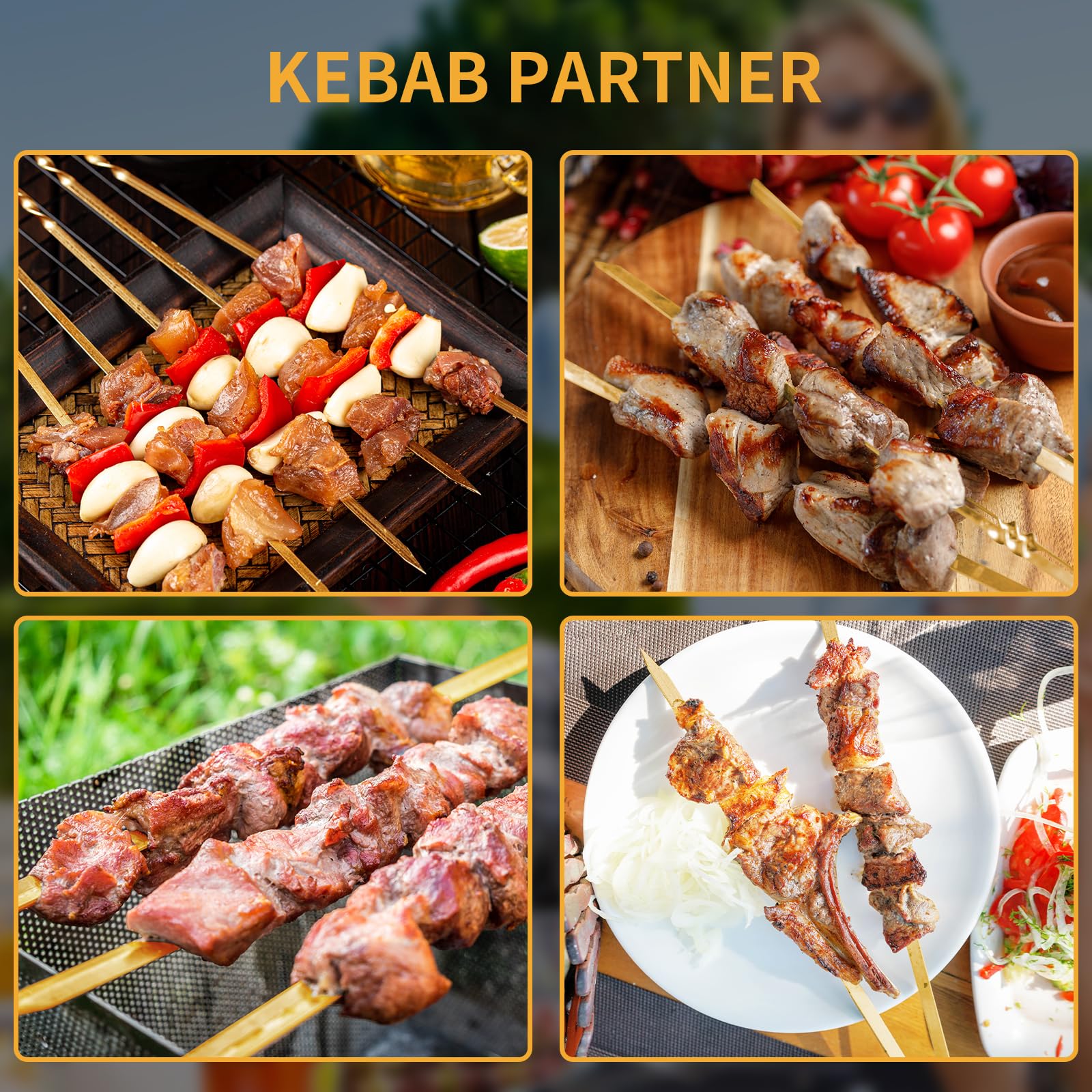 Snailhouse Pinchos Kabob, paquete de 12 pinchos de metal de 14 pulgadas, para barbacoa, acero inoxidable, con bolsa de almacenamiento para parrilla, color dorado