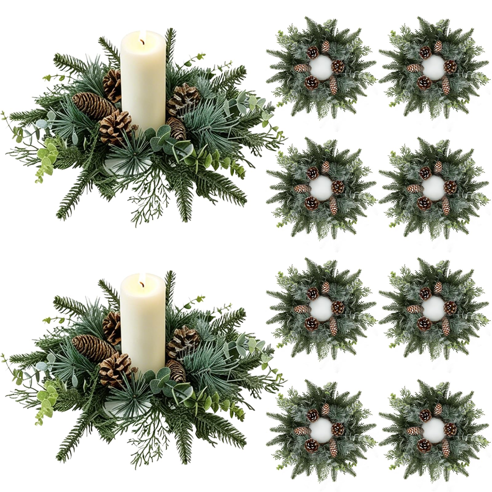 8 PCS Christmas Candle Rings Wreaths Norfolk Snowy Pine Needles Garland Pinecones Wreaths Artificial Cedar Candle Rings Holder for Christmas Wedding Home Table Centerpiece Door Window Chair Wall