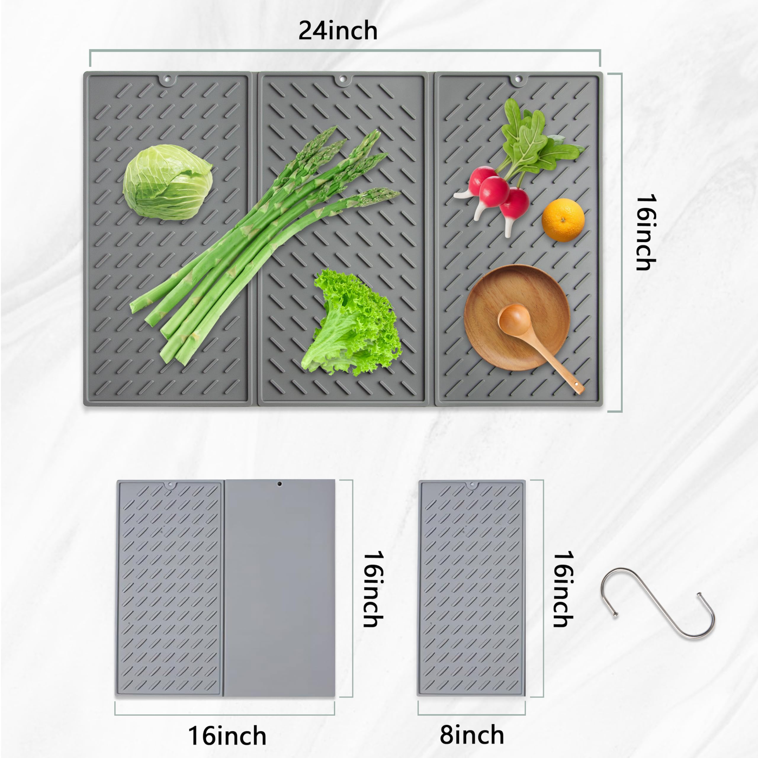 Tapete de secado de platos de silicona, tapete escurridor plegable de tres pliegues, almohadilla de secado con gancho para cepillo de taza, sin BPA, calor duradero, tapete de secado de platos de 24 x
