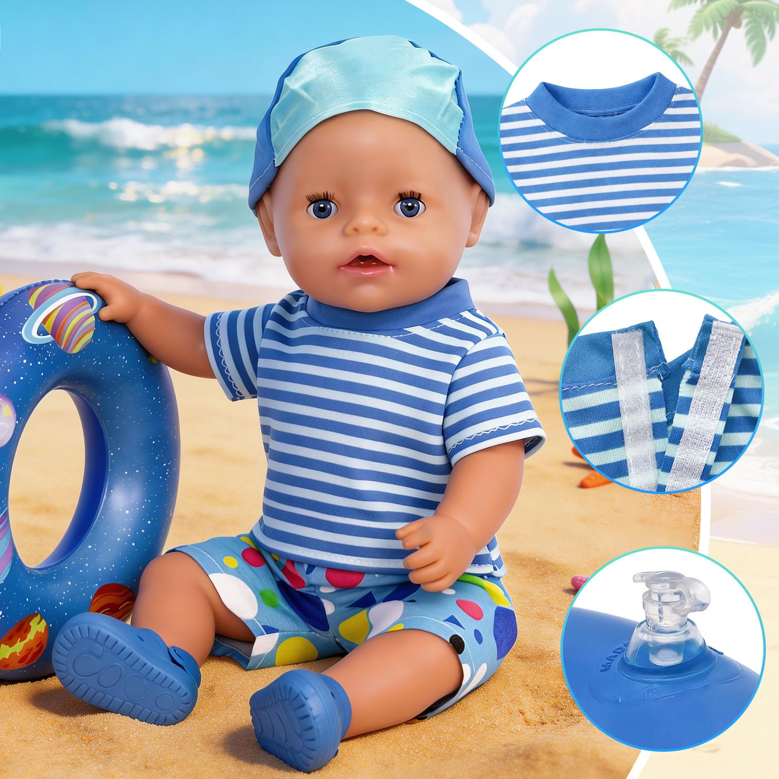 Lot de 6 maillots de bain pour poupées de 35 à 45 cm, motif bleu marine avec bonnet de bain, bouée, chaussures et lunettes de soleil pour poupées de 35 à 45 cm