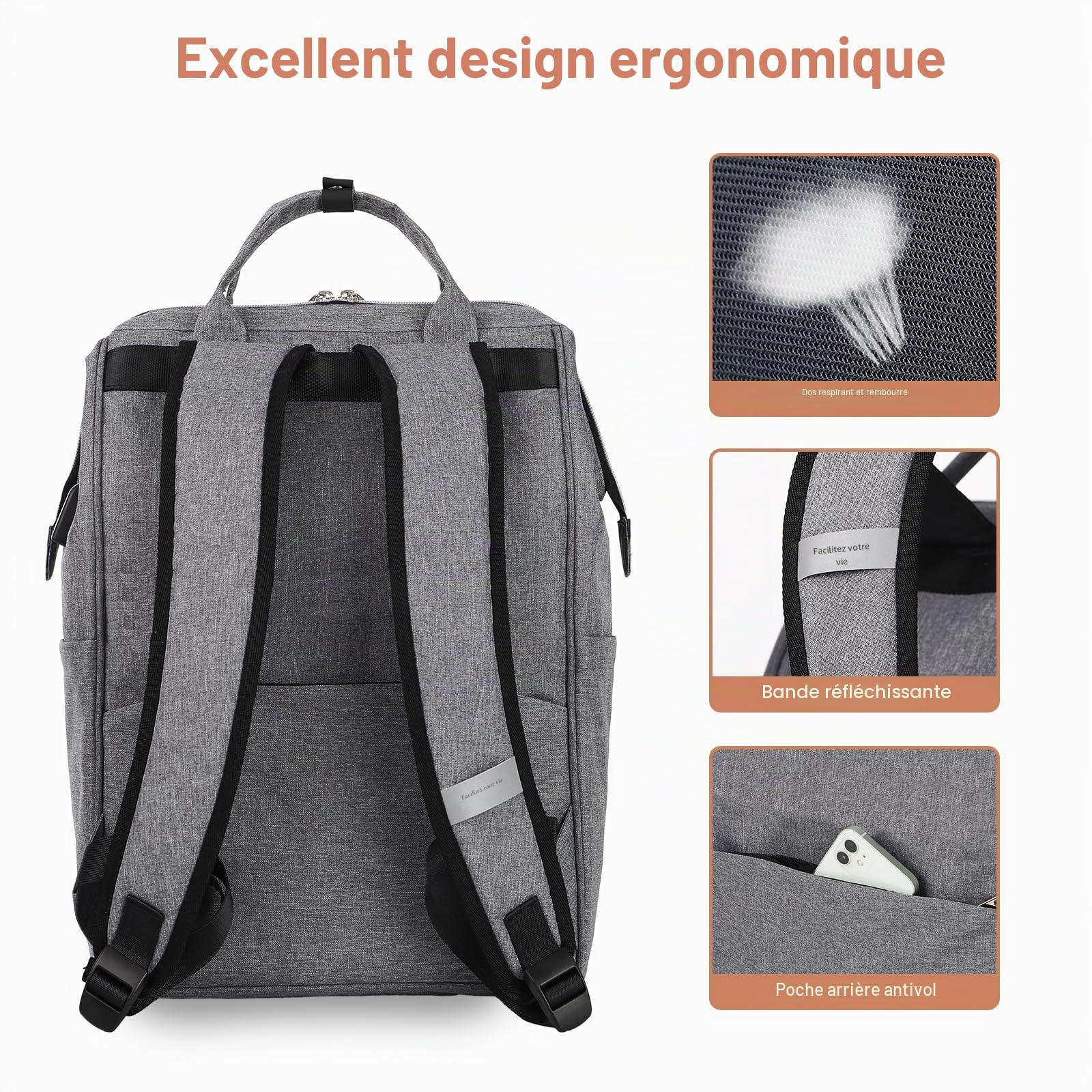 Lekesky Sac à Dos Ordinateur Portable Femme 15.6 Pouces Antivol Imperméable Gris/Noir