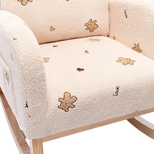Miniatura 8 de JINS&VICO Mecedora moderna con bolsillos laterales, sillón mecedor de madera con cojín de respaldo estampado, mecedora tapizada con respaldo alto