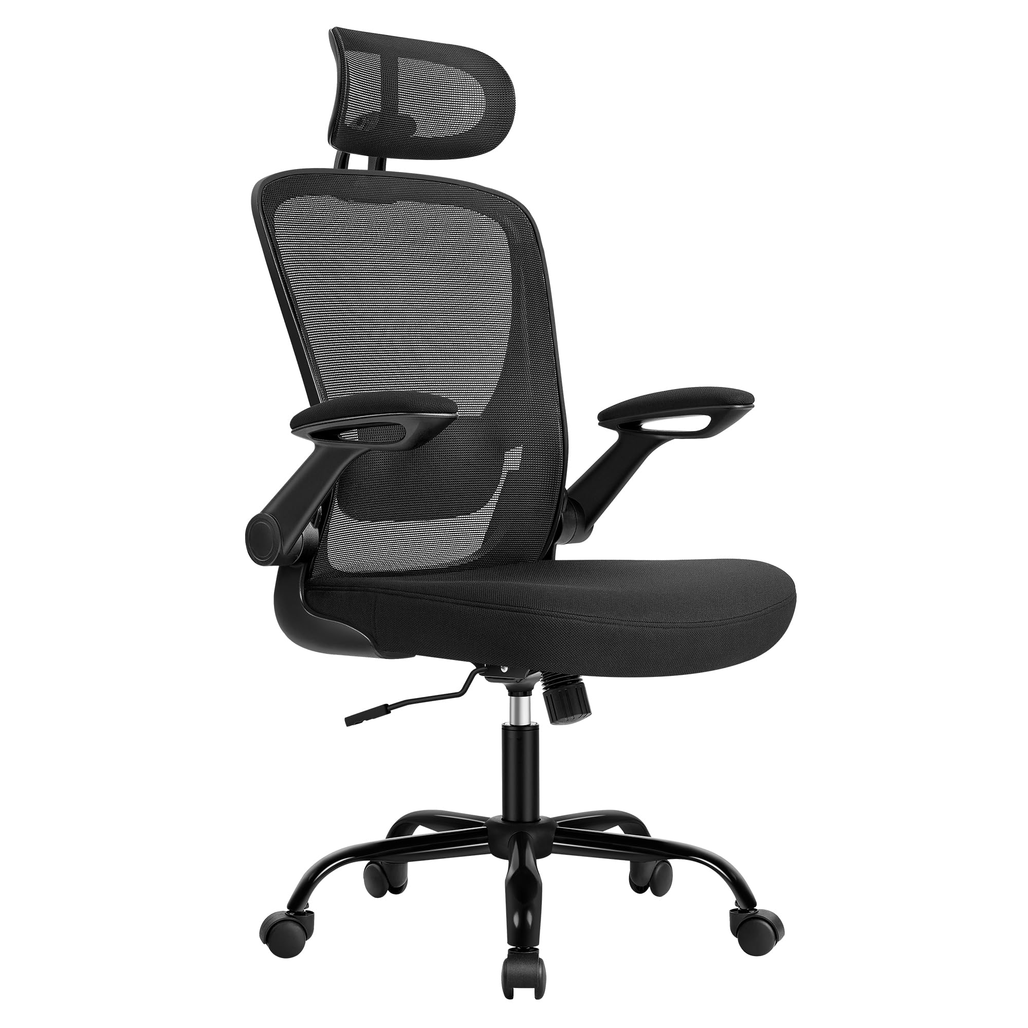 SONGMICS Sedia da Ufficio Girevole, Sedia di Rete da Computer Ergonomica, Supporto Lombare, Oscillante, Seduta 53 cm, Braccioli Pieghevoli, Poggiatesta, Nero Inchiostro OBN047B01