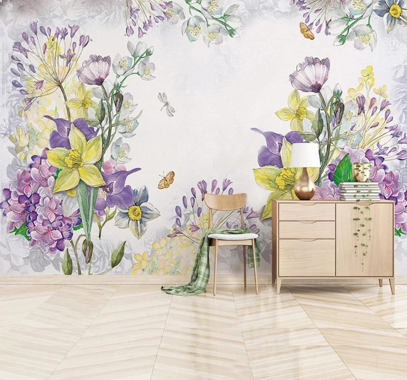 Xlming 430Cm×300Cm(B×H) Hand Painted Watercolour Purple Yellow Flowers 3D Wallpaper Luxury Home Dining Decor Paste Sofa Living Room The Wall For Bedroom Mural-430Cm×300Cm