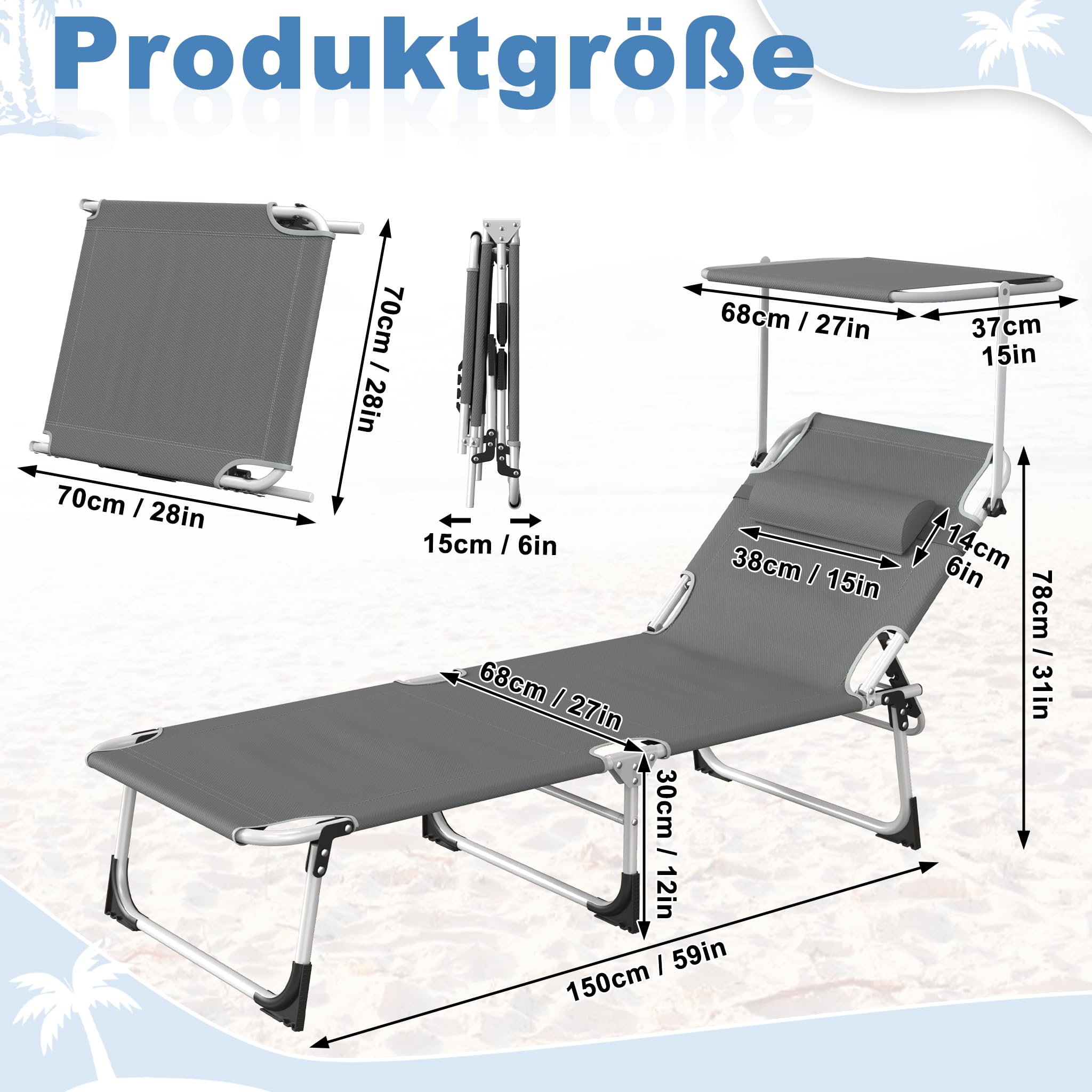 Froadp Sonnenliege Klappbar mit Dach Gartenliege Liegestuhl mit Verstellbarer Rückenlehne Kopfkissen Seitentasche Strandliege für Garten Balkon Strand Terrasse (1 Stück, Anthrazit)