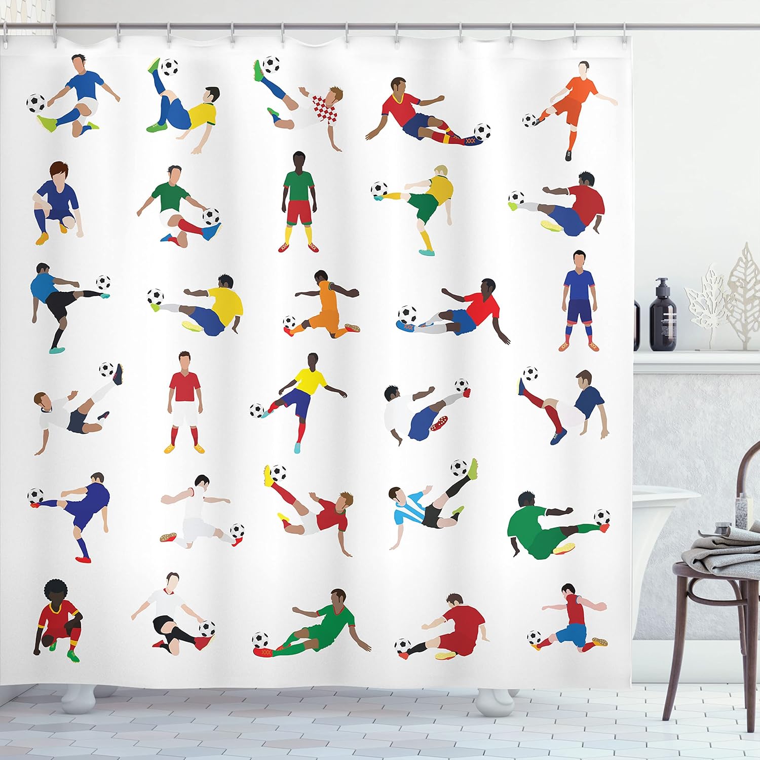 Ambesonne Sports Shower Curtain, Group of Soccer Players League Pastime Practicing Different Poses Training, Cloth Fabric Bathroom Decor Set with Hooks, 69" W x 70" L, Blue White