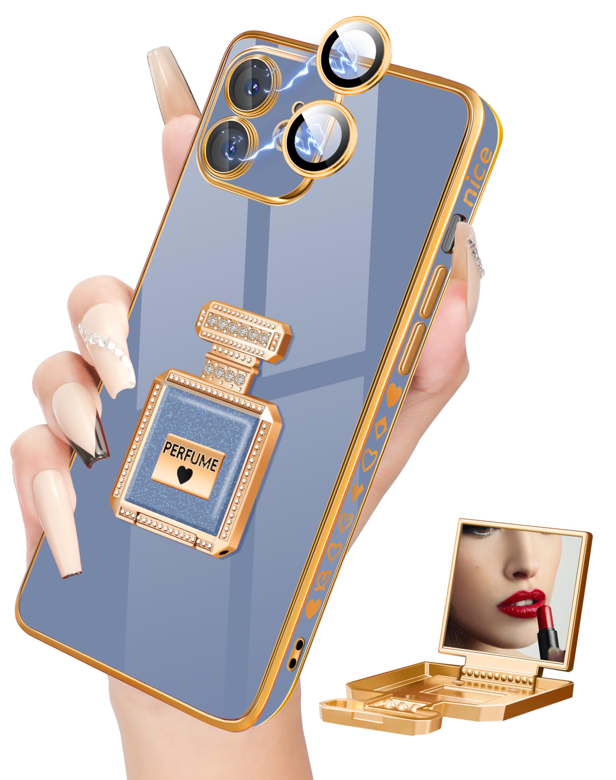 Phonebliss for iPhone 11 Phone Case with Metal Perfume Bottle Mirror Stand Camera Protect for Women Girly, Cute Elegant Luxury Heart Phone Cover for iPhone 11 Case, Dark Blue