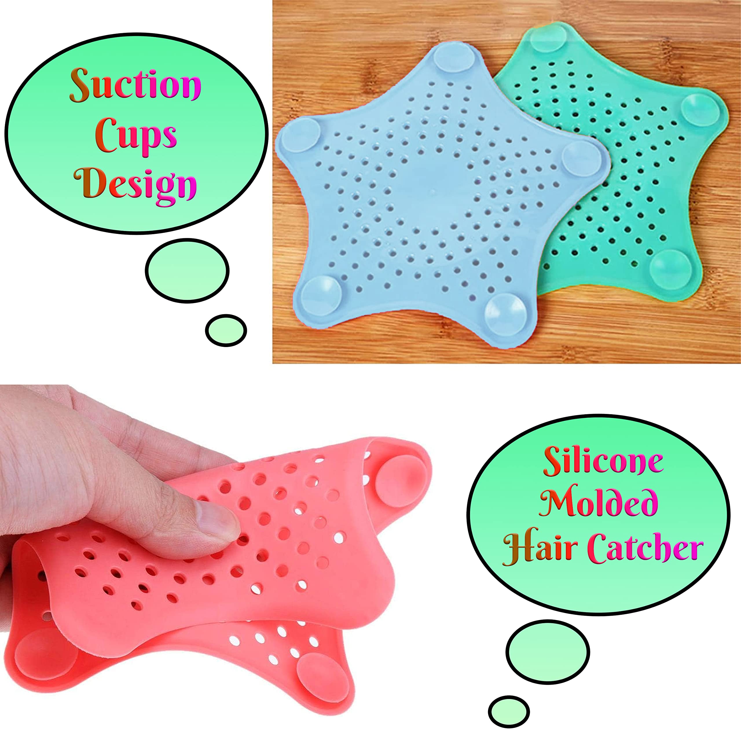 Set Di 3 Filtri Per Scarico A Stella In Silicone - Tappi Per Lavello E Vasca Con Ventose, Multicolore (Grigio, Blu, Verde), 14x14 Cm