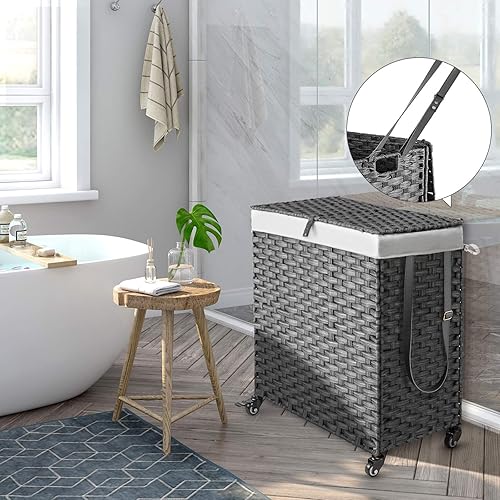 Miniatura 2 de Greenstell Cesta de lavandería con ruedas, no necesita instalación, cestas tejidas a mano divididas de 110 litros y 2 bolsas extraíbles con forro,