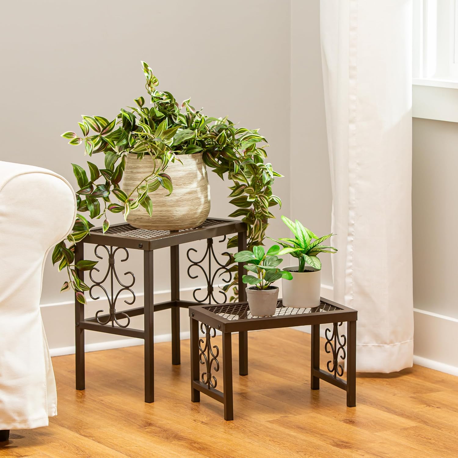 Evergreen Garden Nesting Plant Stands Indoor/Outdoor, Metal Plant Stand for Patio, Porch, Garden, Corner Plant Stands for Indoor Plants (Montebello, Set of 2)