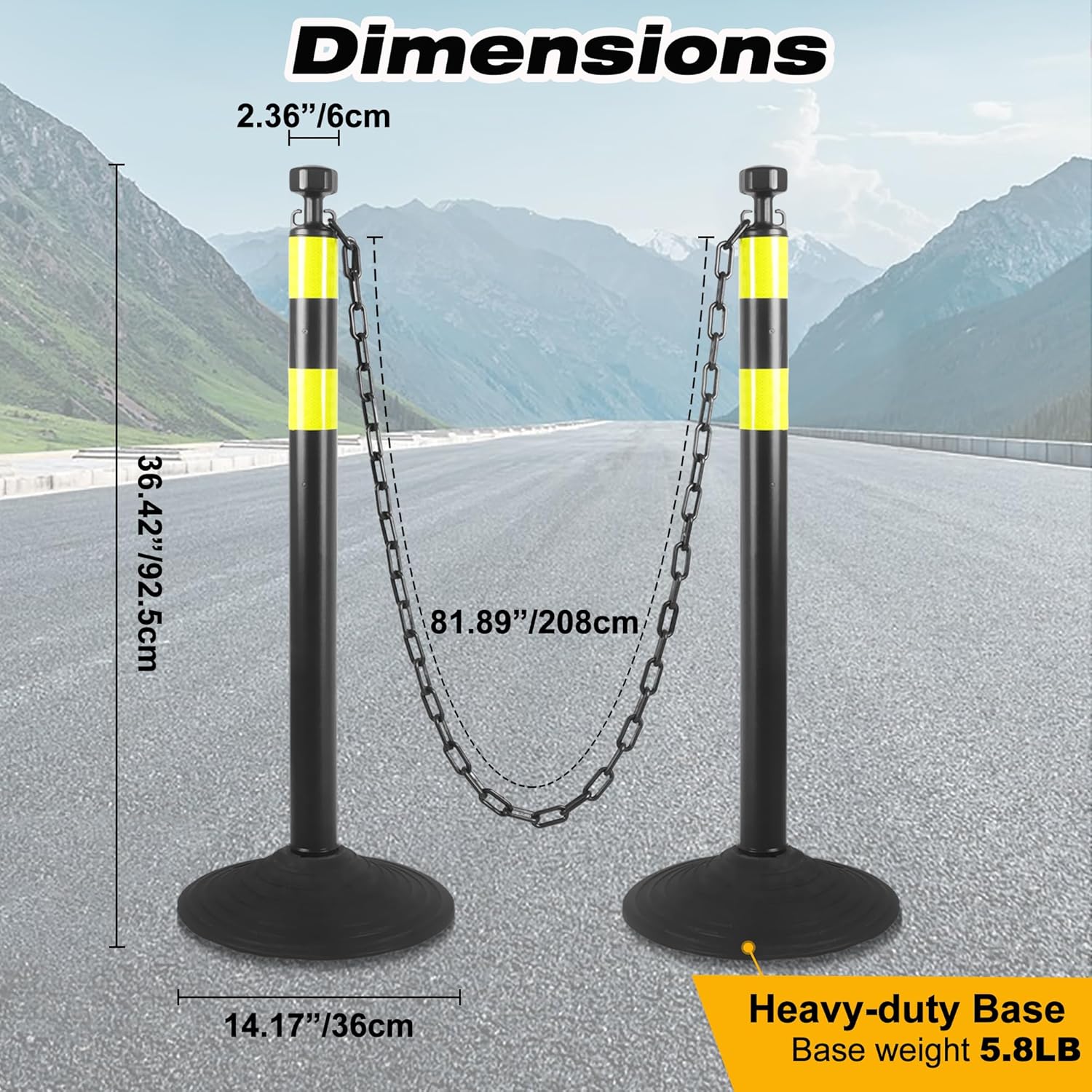 6 Pack Traffic Delineator Post with Heavy Rubber Base Traffic Safety Barrier with 7 FT Plastic Chainarking Lot, Road Safety, Construction Events(Black,6 Pack)
