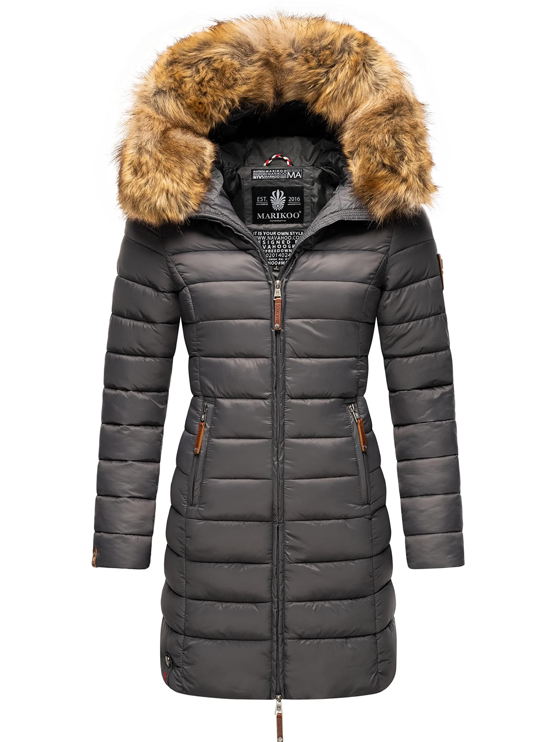 MARIKOO Damski płaszcz zimowy, ciepły płaszcz pikowany, długi z kapturem, różowy, XS-XXL