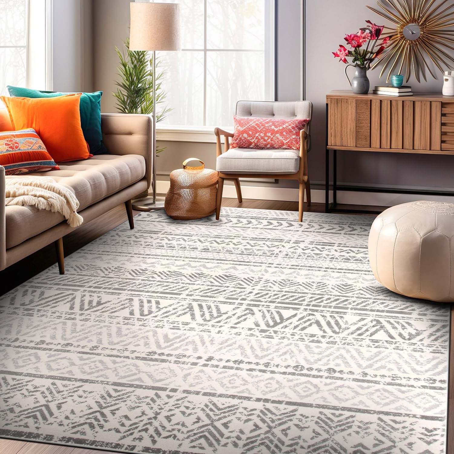 Rugshop Geometric Boho Perfect for high Traffic Areas of Your Living Room,Bedroom,Home Office,Kitchen Area Rug 6' 6" x 9' GrayOEKO-TEX STANDARD 100