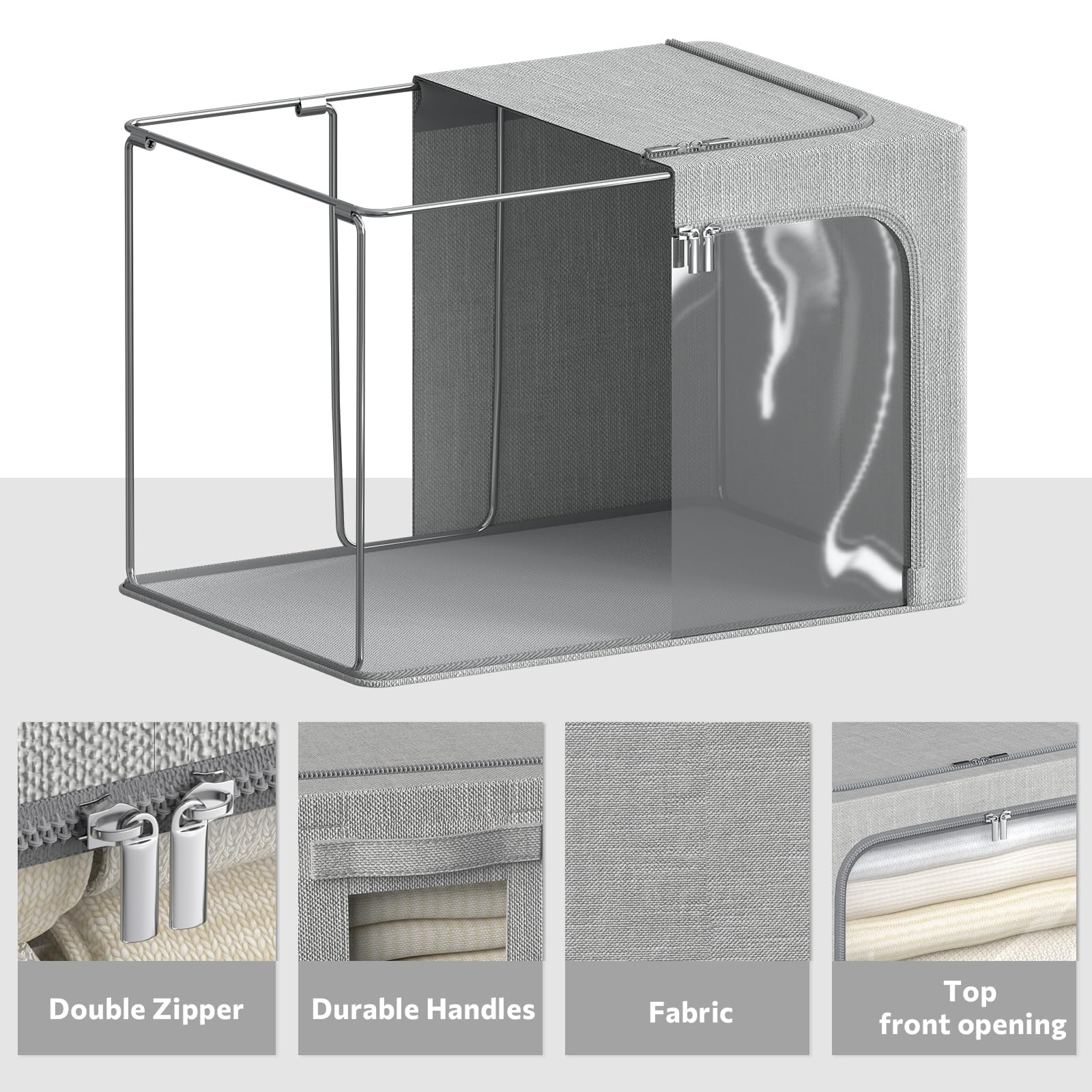 Kleideraufbewahrungsbehälter mit Metallrahmen, Leinenstoff, faltbar, stapelbar, Organizer-Set mit transparentem Fenster, Tragegriffen und Reißverschlüssen, Hellgrau, 59,9 x 41,9 x 39,9 cm, 4 Stück