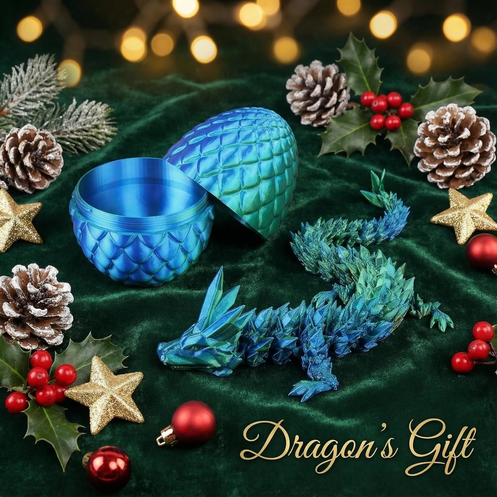 Glittering 3D Printed Dragon Egg with Bendable Dragon Inside, Mystical Alien Egg Crystal Animal, Fidget Spinner Alternative Toy for Kids, End of Term Gift (Blue Green) - Image 3