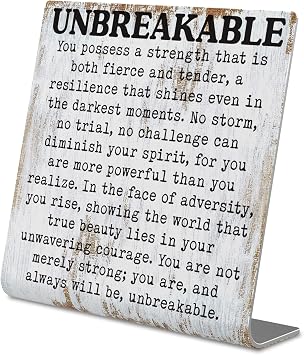 Unbreakable Inspirational Desk Sign Resilience & Strength Quote Decor | , Rustic Steel Plaque Gift for Women, Survivors, Therapists, Friends, or Coworkers Mental Health Empowerment Sign XLK516