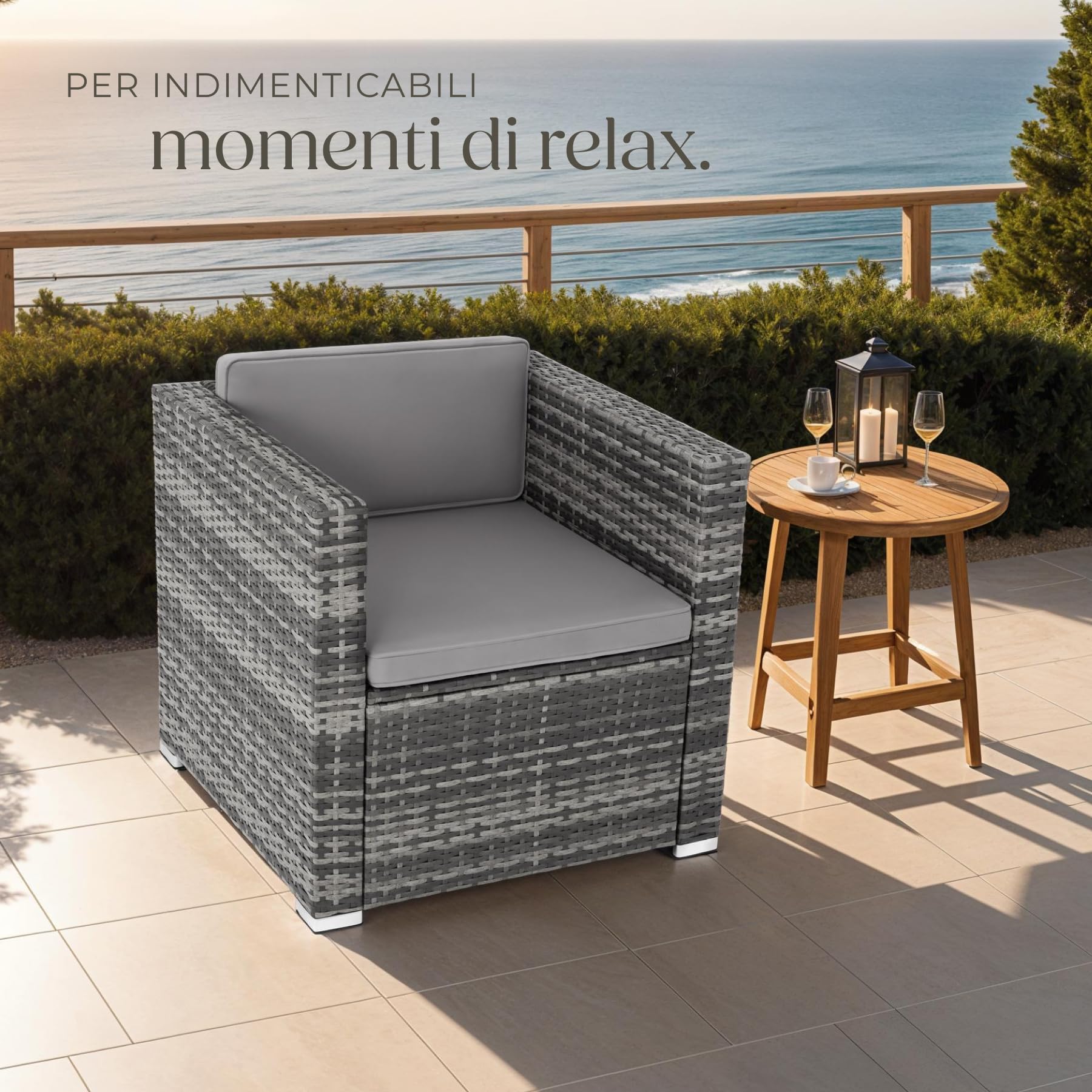 tectake® Poltrona in Rattan con Braccioli, Telaio in Acciaio Verniciato, Resistente ai Raggi UV, con Morbide Imbottiture per Seduta e Schienale - Grigio