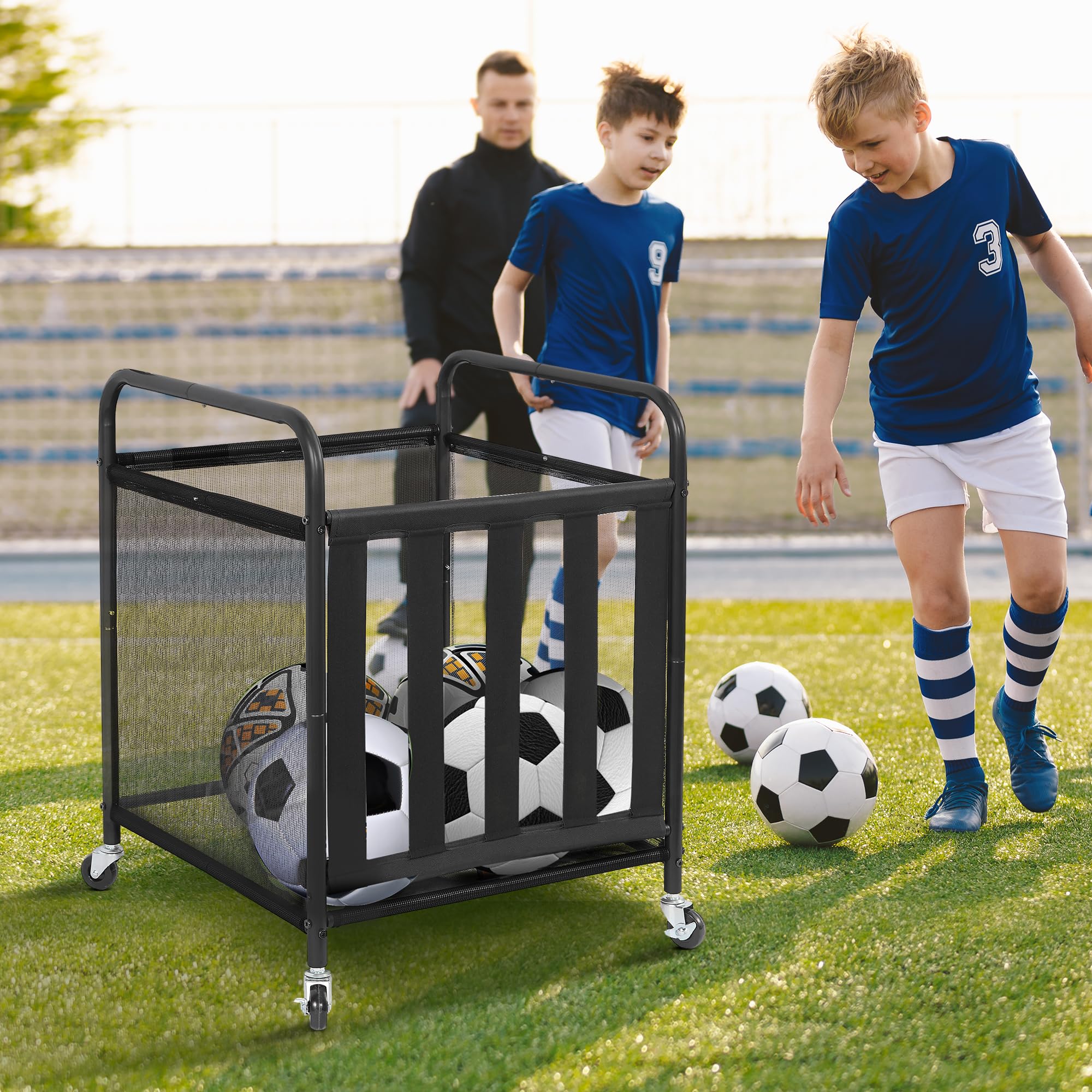 STO STO Rollender Sportball-Aufbewahrungswagen, abschließbarer Basketballkäfig mit elastischen Bändern, Sportgeräte-Halter für drinnen und draußen, Stahl-Aufbewahrungsregal für Spielplatz und