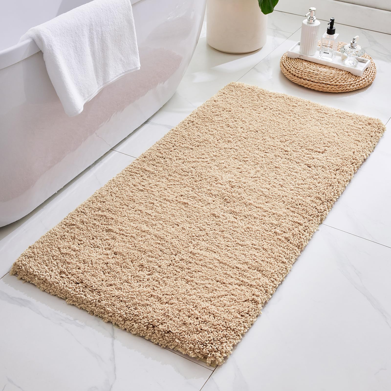 ILANGO Beige Bathroom Rugs 70" × 24" Non Slip & Super Absorbent Extra Thick Soft, Washable Bath Carpet Runner for Floor, Microfiber Plush Shaggy Bath